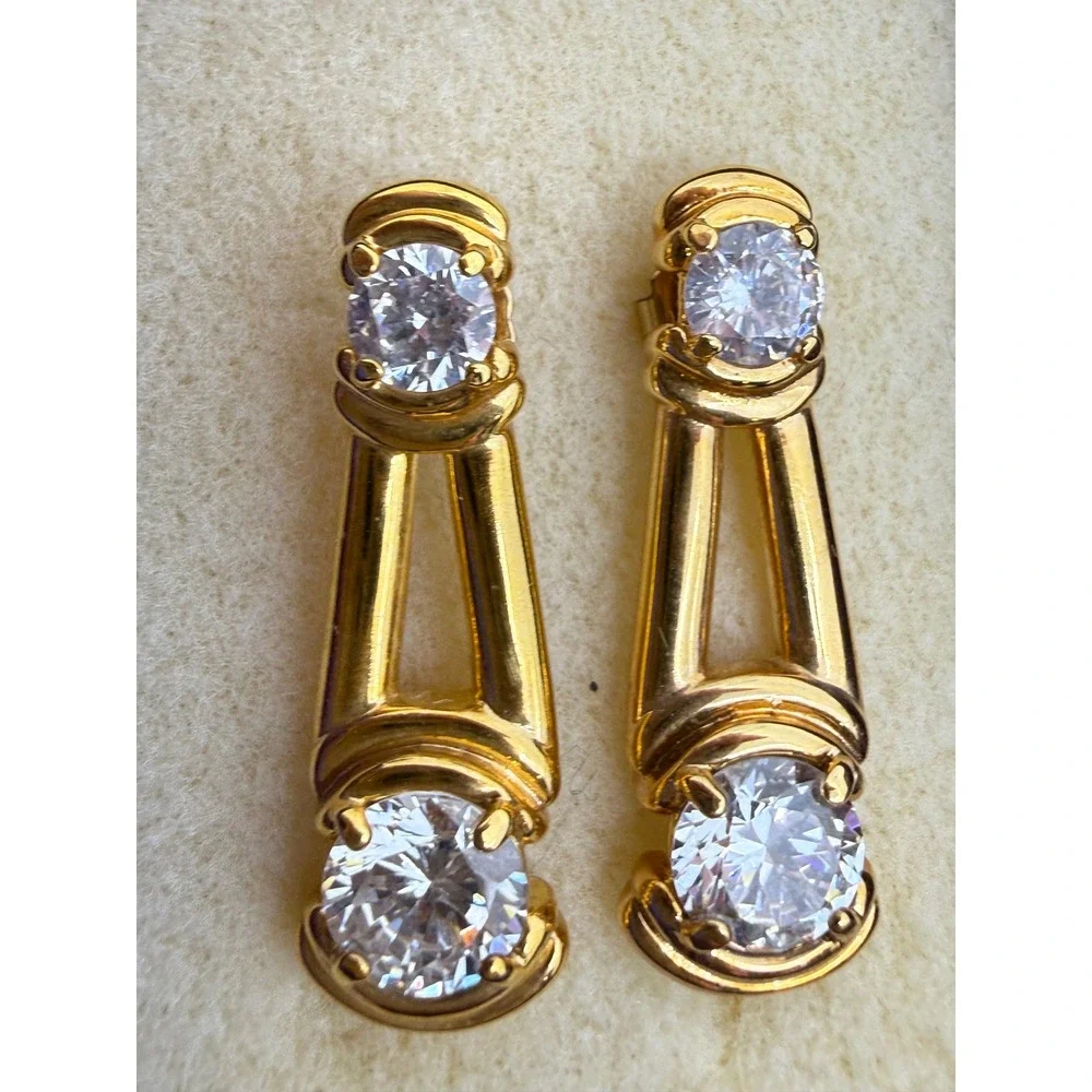 Kings Jewelry Gold Tone Cubic Zirconia CZ Drop Dangle Earrings Vintage Boxed